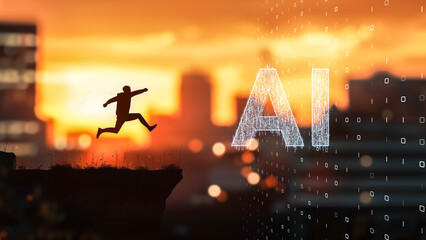 Human figure leaping to AI future, digital innovation and progress concept