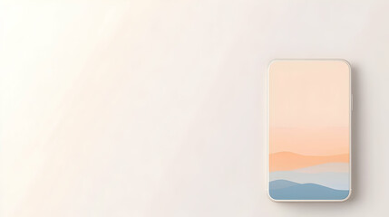 Smartphone displaying minimalist landscape sunset on white background; ideal for technology, design, or travel websites.