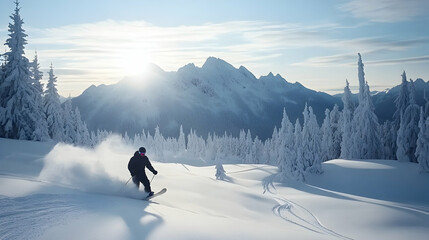 Skier carving down snowy mountain slope at sunset, snow-covered trees and majestic peaks in background; ideal for winter sports or travel advertising.