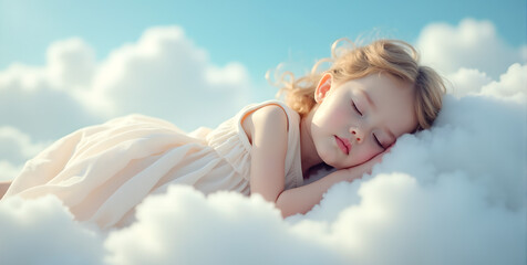 Child peacefully sleeping on fluffy white cloud. Kid indoor studio photo