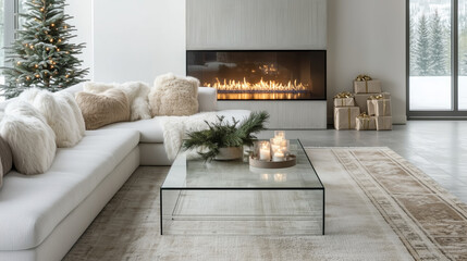 Minimalist living room with Christmas decorations and fireplace
