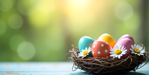 easter eggs in a nest,3d render holiday concept, Text Overlays, Design for greeting card