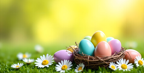 easter eggs in the grass, 3d render holiday concept, Text Overlays, Design for greeting card