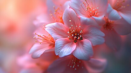 Close-up of delicate pink blossoms, soft light, shallow depth of field.