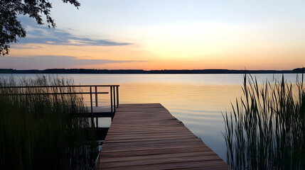 Fototapeta premium Serene sunset over calm lake, wooden pier extending into water, reeds framing the scene. Ideal for travel, relaxation, or nature websites.