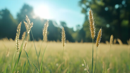 Fototapeta premium Golden hour sunlit meadow grass, summer field background, nature scene for serenity, calm, peace.