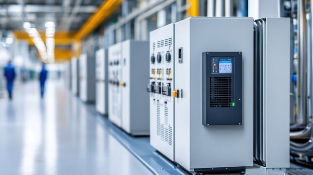 Modern Industrial Control Panels in a High-Tech Manufacturing Facility with Bright Lighting and Clean Environment