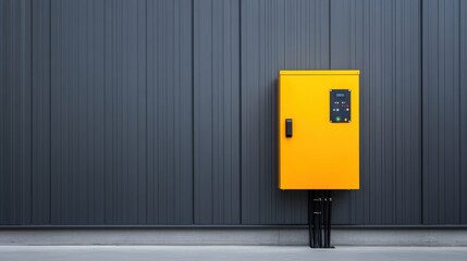 Bright Yellow Electrical Control Box Against Modern Gray Metal Wall in Urban Environment