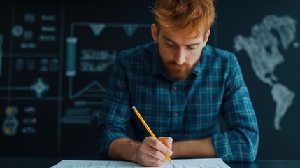 A focused young man in a plaid shirt sketches designs on paper, surrounded by charts and maps on a dark wall, emphasizing creativity and analysis.