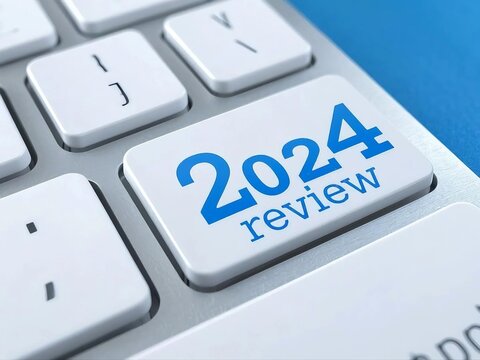 2024 recap. Key highlights and insights, achievements, review, business goals and plans. 2024 recap on white keyboard button