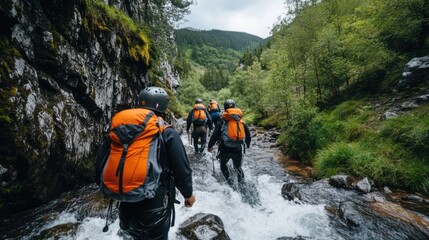 Group of Adventurous Hikers Trekking Through a Rocky River Landscape in Lush Green Nature Environment