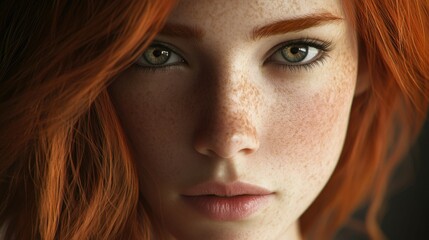 Fototapeta premium Striking Portrait of Woman with Vivid Red Hair and Expressive Eyes