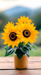 Obraz premium Sunflowers in pot on wooden table, mountain background, summer garden scene, perfect for nature-themed designs.