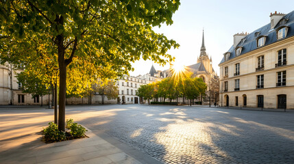Parisian square sunrise, church, autumn trees, cobblestones, peaceful morning. Ideal for travel brochures.
