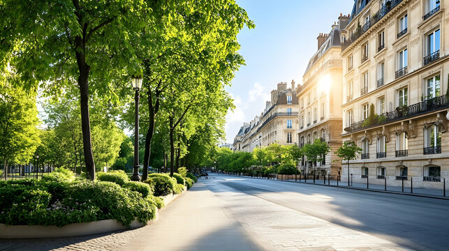 Fototapeta Parisian street, morning sun, trees, buildings, quiet, calm, travel photography.