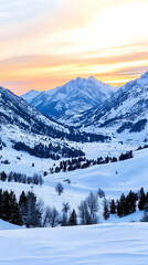 Fototapeta premium Snowy mountain valley sunrise landscape; winter wonderland scene. Ideal for travel, nature, and winter sports websites or brochures.