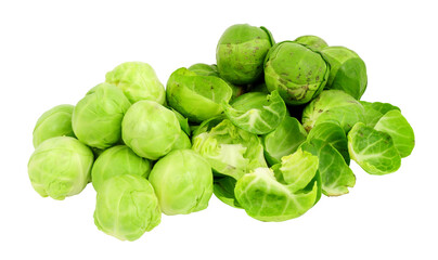 Group of Brussels sprouts being peeled and prepared for cooking  with peeled and unpeeled sprouts isolated on a white background