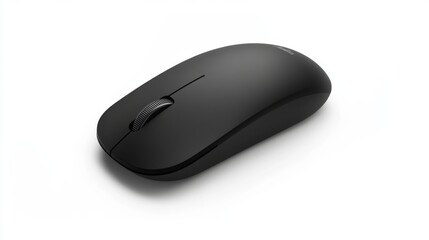 A sleek black computer mouse sits atop a surface. This ergonomic design promotes comfort during long hours of use. It enhances productivity and gaming. Generative AI