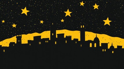 Silhouette of a city skyline against a starry night background.