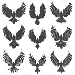 Nine Silhouettes of Birds in Flight, Ideal for Logos or Graphics