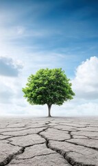 Resilient Green Tree Standing Alone on Dry Cracked Ground Under Bright Blue Sky with Wispy Clouds