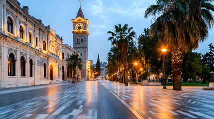 Fototapeta premium Dawn in coastal city; illuminated clock tower, palm trees line avenue, quiet street, tourism promotion.