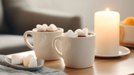 Cozy scene with hot chocolate and heart-shaped marshmallows.