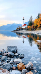 Obraz premium Coastal Lighthouse at Dawn, Calm Waters, Autumn Foliage, Mountain Background; Ideal for travel brochures.