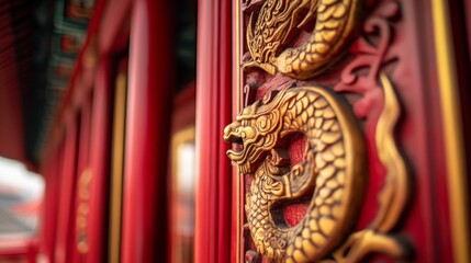 Naklejka premium A stunning close-up of an intricately designed dragon sculpture. This artwork embodies cultural richness and tradition. Perfect for decor and inspiration. Generative AI