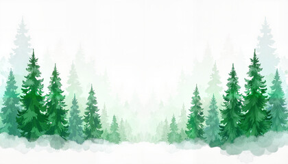 Serene watercolor forest background with green pine trees and misty effect for peaceful designs