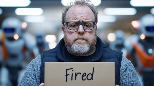 Job loss due to automation at a tech company with robots in the background. An individual appears distressed while holding a cardboard sign stating fired amid