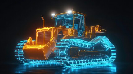 A digital render of an autonomous bulldozer glowing with holographic panels.