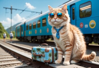 Vacation. Cute cat in sunglasses with suitcase on platform waiting for train