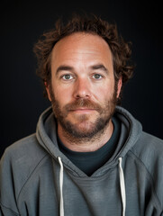 Obraz premium Portrait of a man with curly hair wearing a hoodie against a dark background showcasing a relaxed expression.