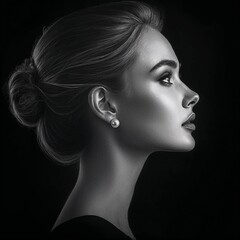 Fototapeta premium Elegant black and white profile portrait of a young woman with sophisticated hairstyle and pearl earrings