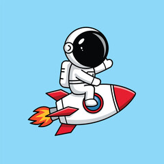 Cute Astronaut Riding Rocket And Waving Hand Cartoon Icon Illustration. Science Technology Icon Concept
