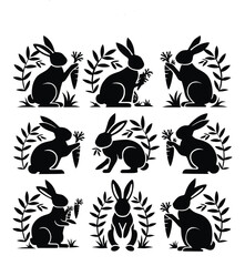 Set of Rabbit silhouettes. Easter bunnies. Isolated on a white backdrop