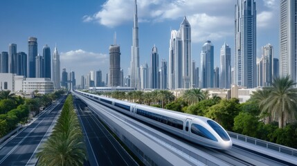 Fototapeta premium Future Cityscape with High-Speed Train in Urban Environment Surrounded by Modern Skyscrapers and Palms