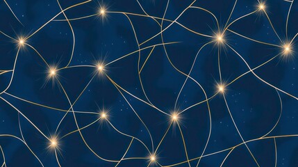 Abstract navy blue background with gold lines and sparkling lights, seamless pattern.