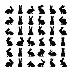 Silhouettes of easter bunnies isolated on a white background. Set of different rabbits silhouettes for design use.
