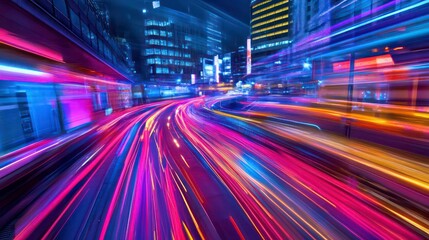 A futuristic city glowing under neon light trails in vibrant hues.