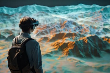 Person with backpack views virtual landscape headset.