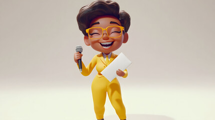 Cheerful animated presenter with a microphone