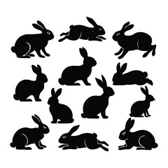 Silhouettes of easter bunnies isolated on a white background. Set of different rabbits silhouettes for design use.