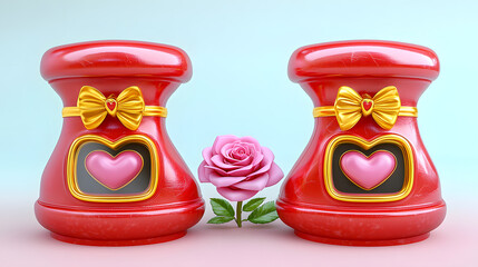 Two charming heart containers with a pink rose.