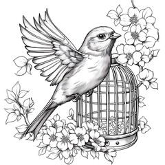 Fototapeta premium Elegant Black and White Bird in a Floral Cage