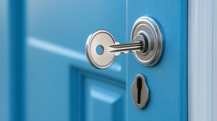 Obraz premium Silver key in a blue door lock. Home security and safety concept.