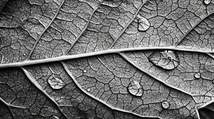 Close-up monochrome image of a leaf's detailed texture with water droplets.