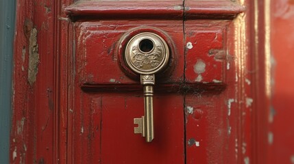Fototapeta premium Ornate golden key in a weathered red door.