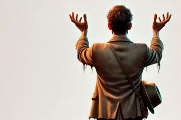 A man with his hands raised. Space for text.